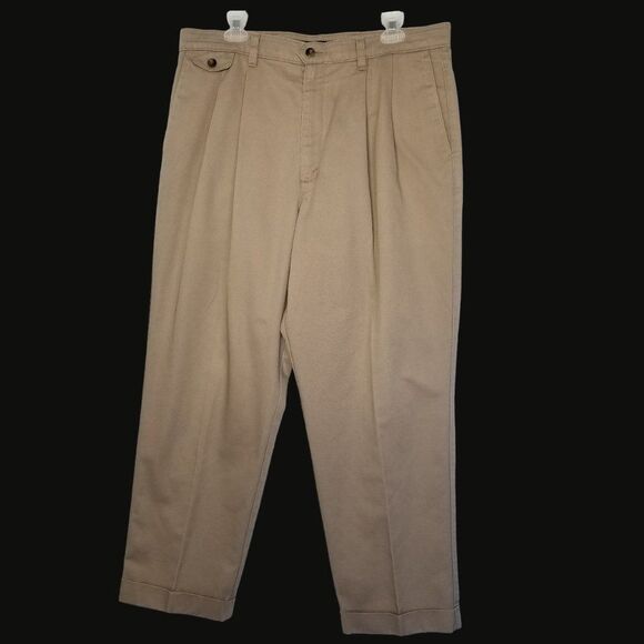 Dockers Men’s Tan Pleated Chino Khaki Dress Pants Cuffed  36 Classic Trousers - Picture 1 of 8